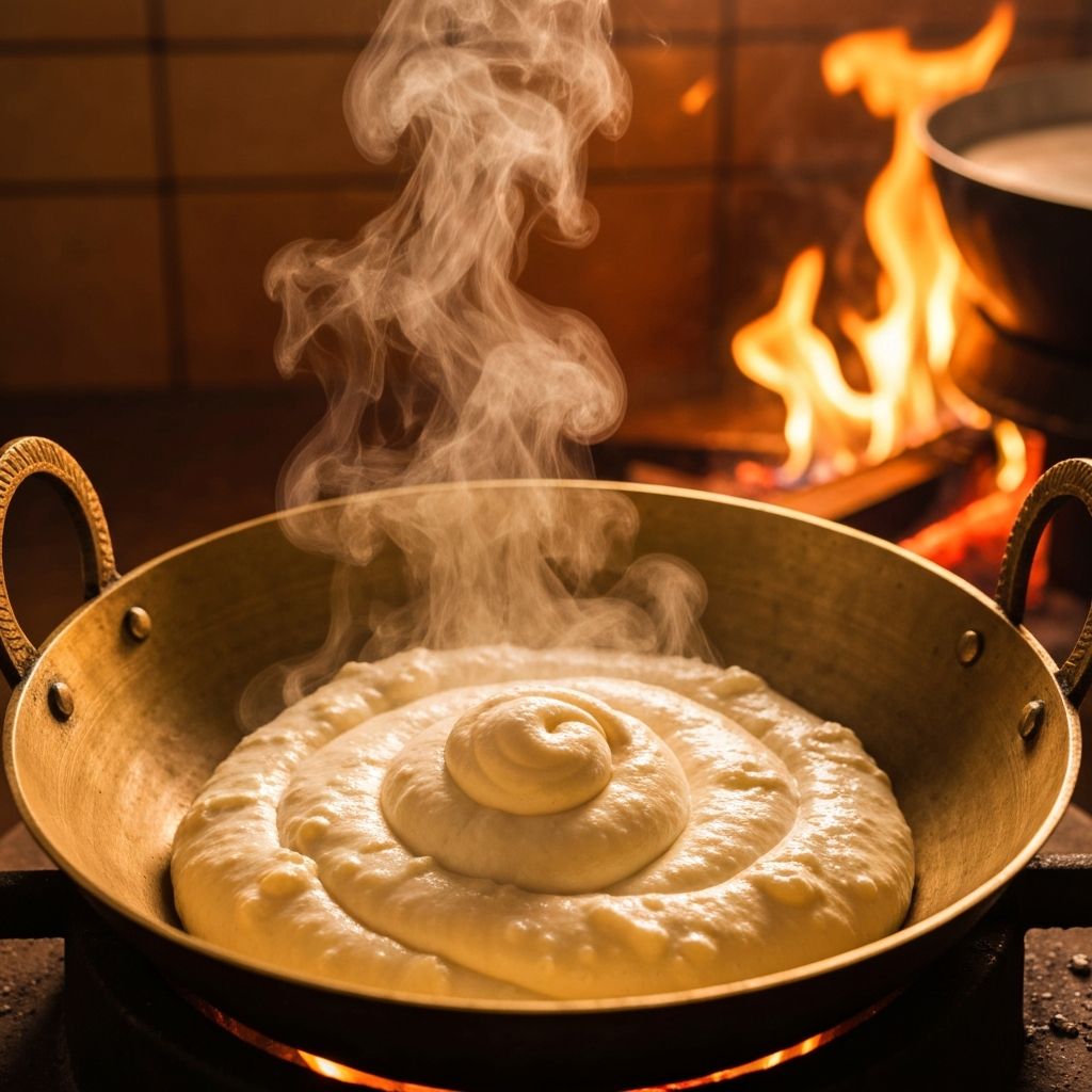 Fresh khoya being prepared in traditional brass kadai