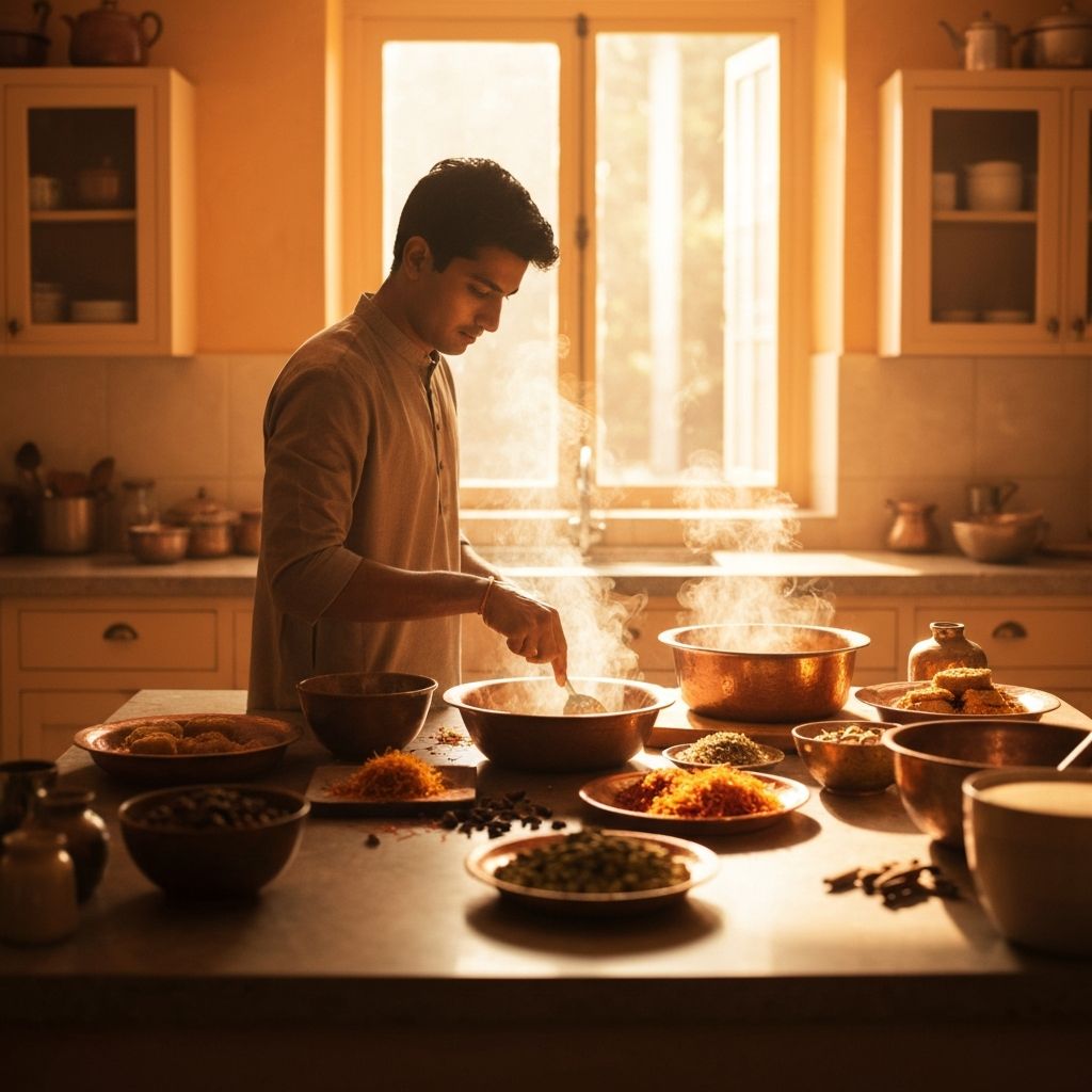 Sweet-making ingredients - saffron, cardamom, pistachios, and rose petals