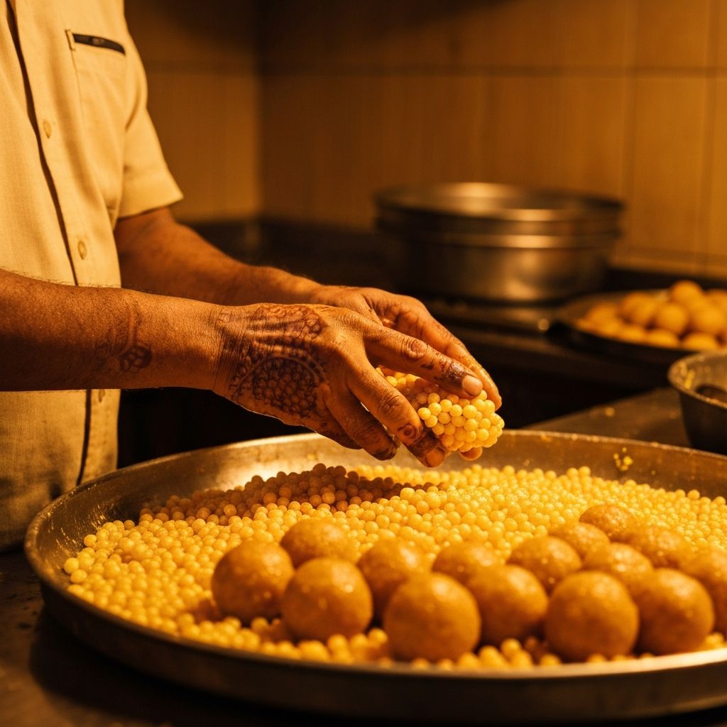 Artisan hands shaping golden Motichoor Ladoo