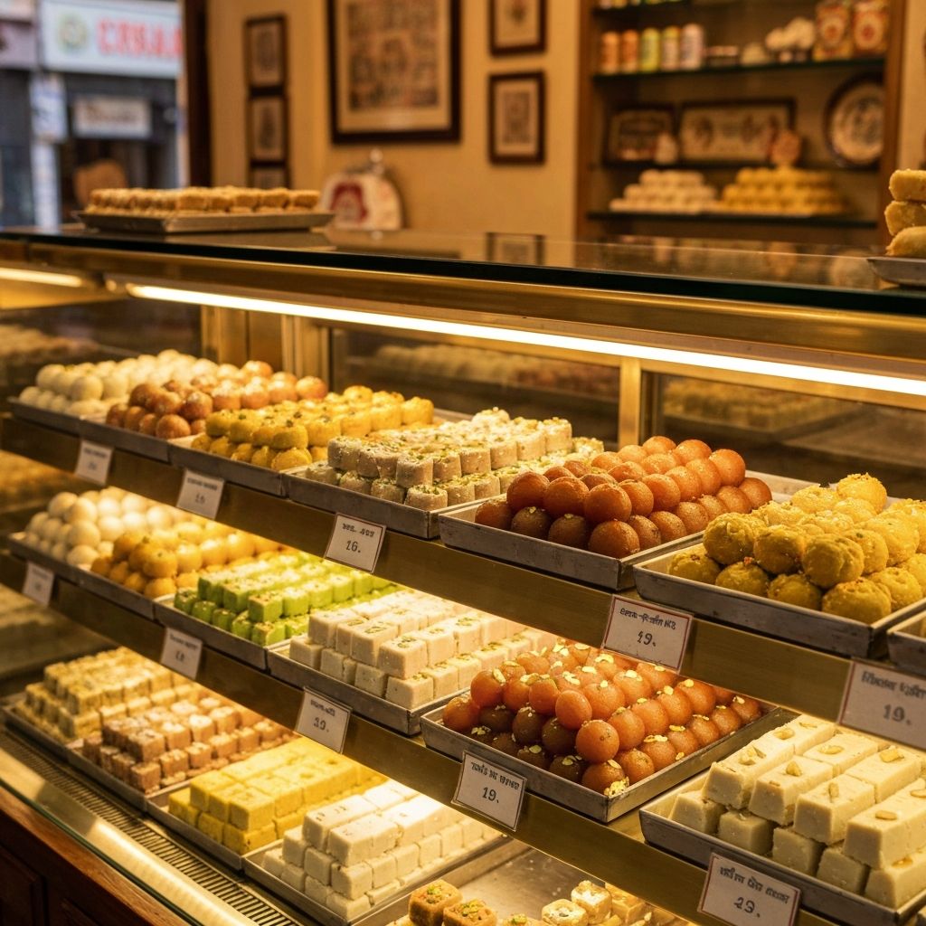 Rows of colorful sweets in glass display